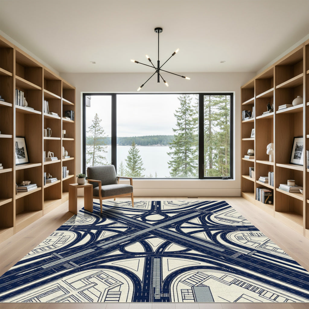 Modern Navy Highway Interchange Blueprint Rug