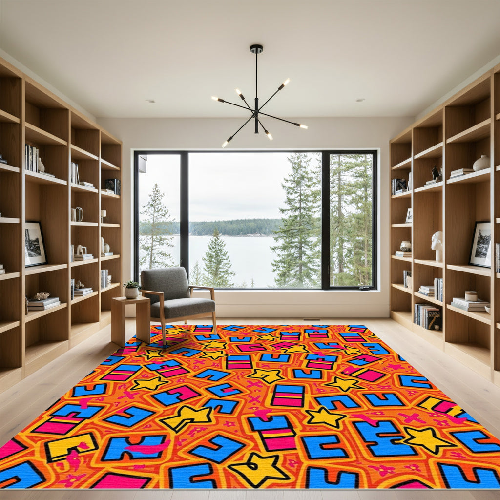 Vibrant Blue Yellow Star Playful Forms Rug