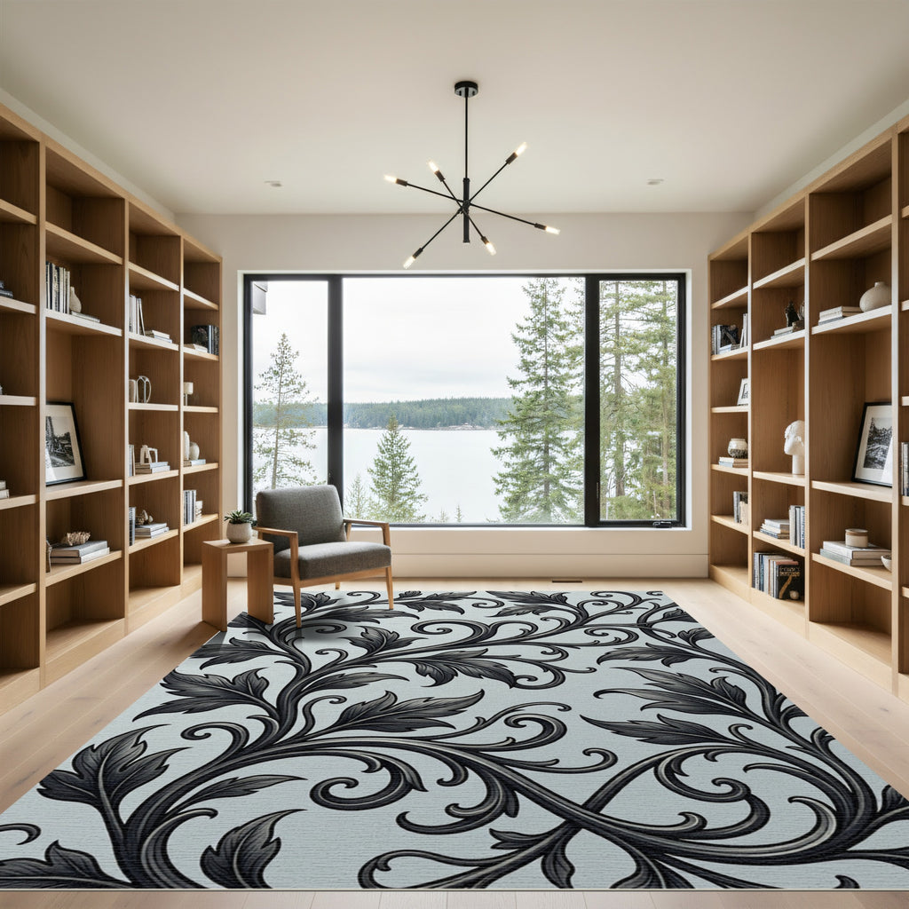 Elegant Black Leaf Scroll Vine Rug