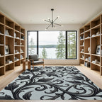 Elegant Black Leaf Scroll Vine Rug