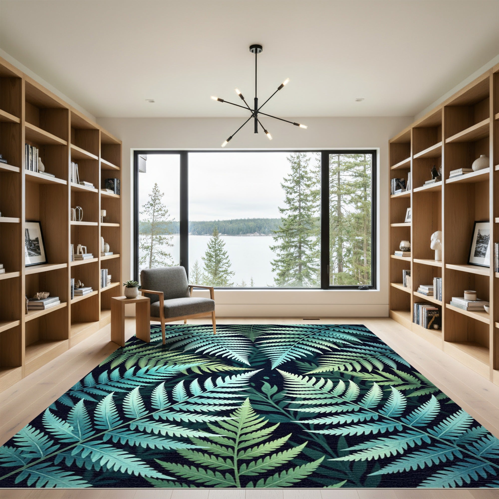 Lush Blue Tropical Fern Leaf Foliage Rug