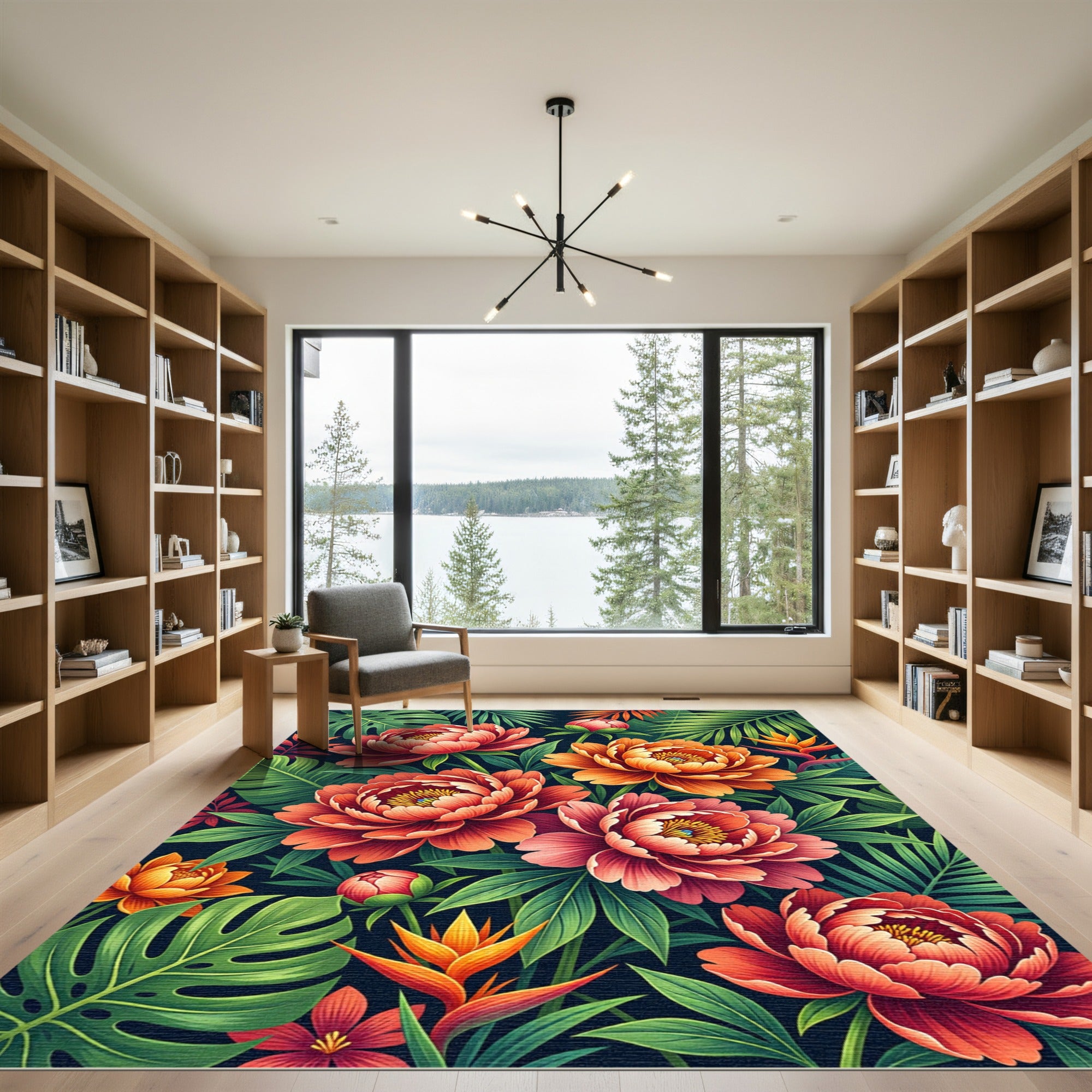 Tropical Deep Coral Peony Foliage Rug