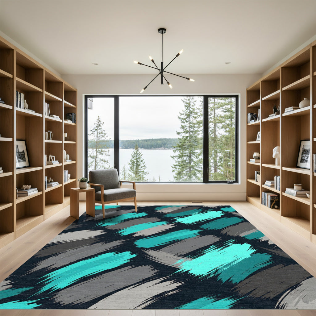 Deep Teal Gray Brush Strokes Rug