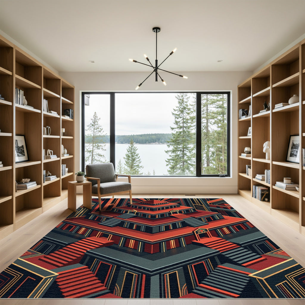 Red Art Deco Geometric Architecture Rug
