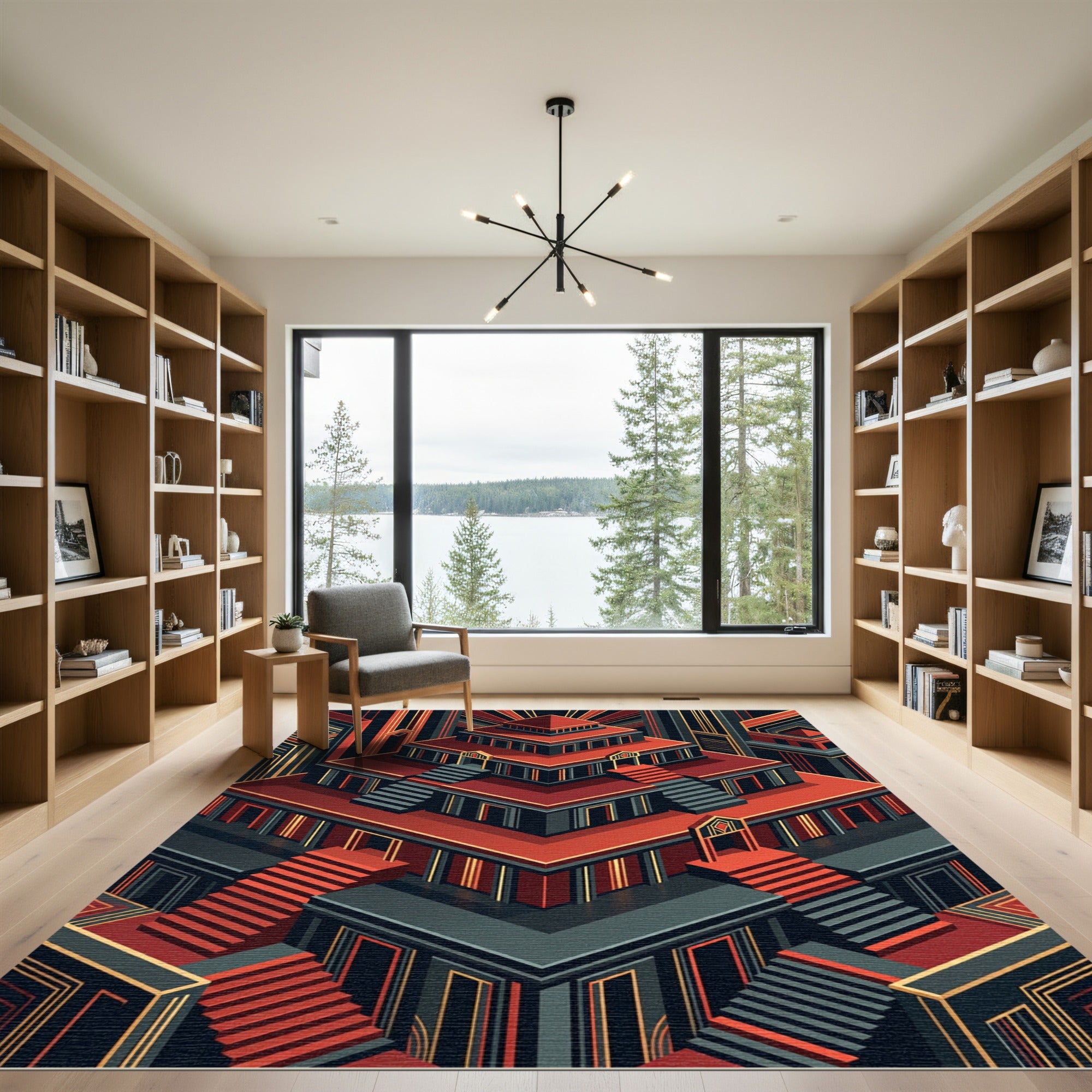 Red Art Deco Geometric Architecture Rug