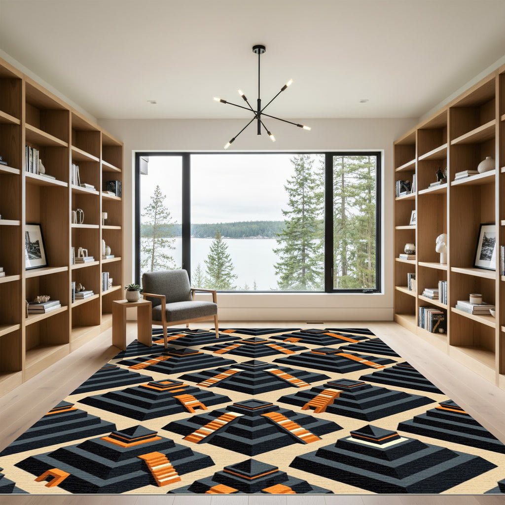 Gray Orange Pyramid Isometric Pattern Rug
