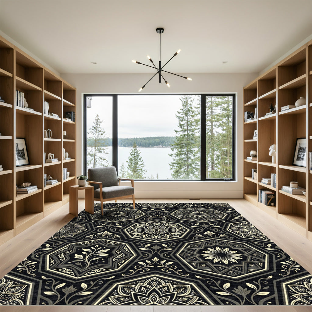Ornate Black and Gold Octagons Rug