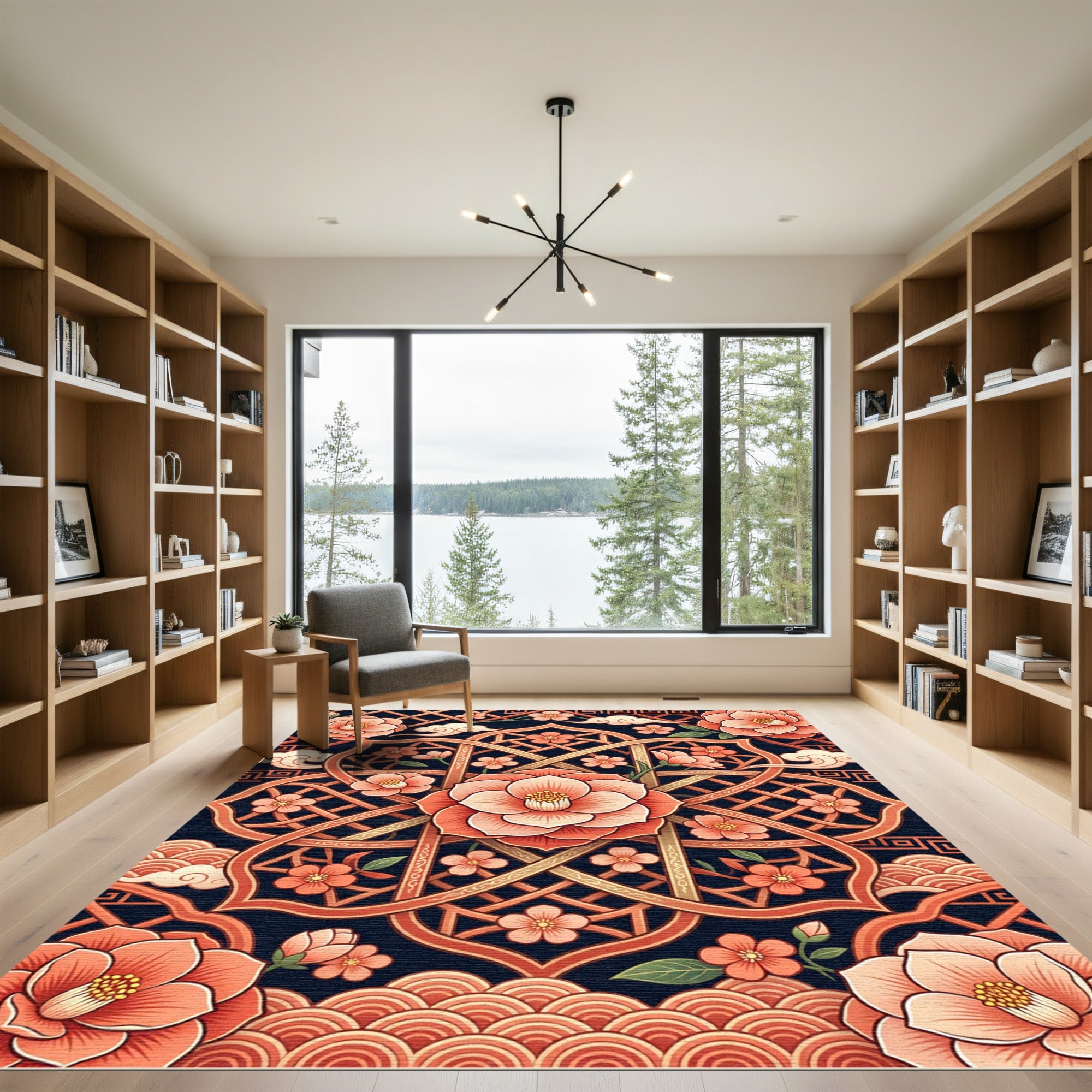Elegant Coral Camellia Geometric Lattice Rug