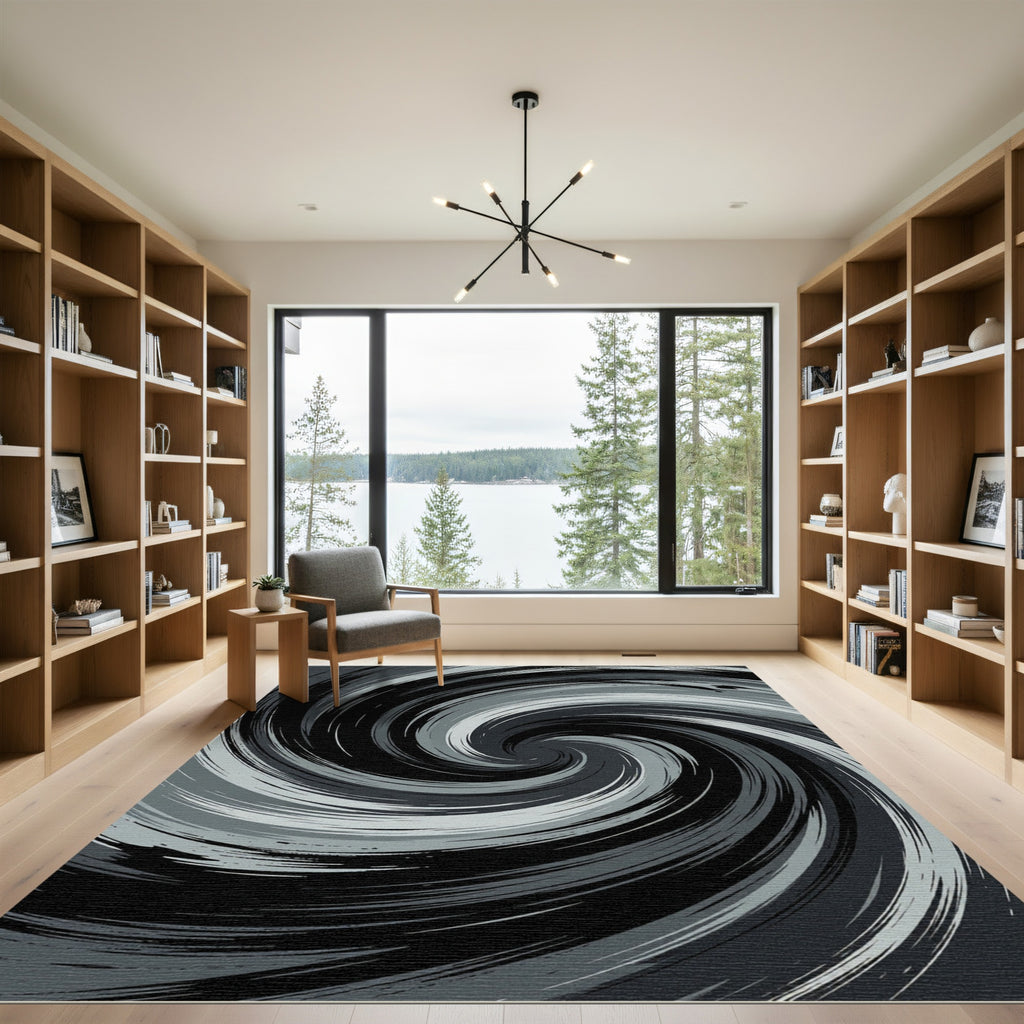 Monochrome Swirling Abstract Cyclone Vortex Rug