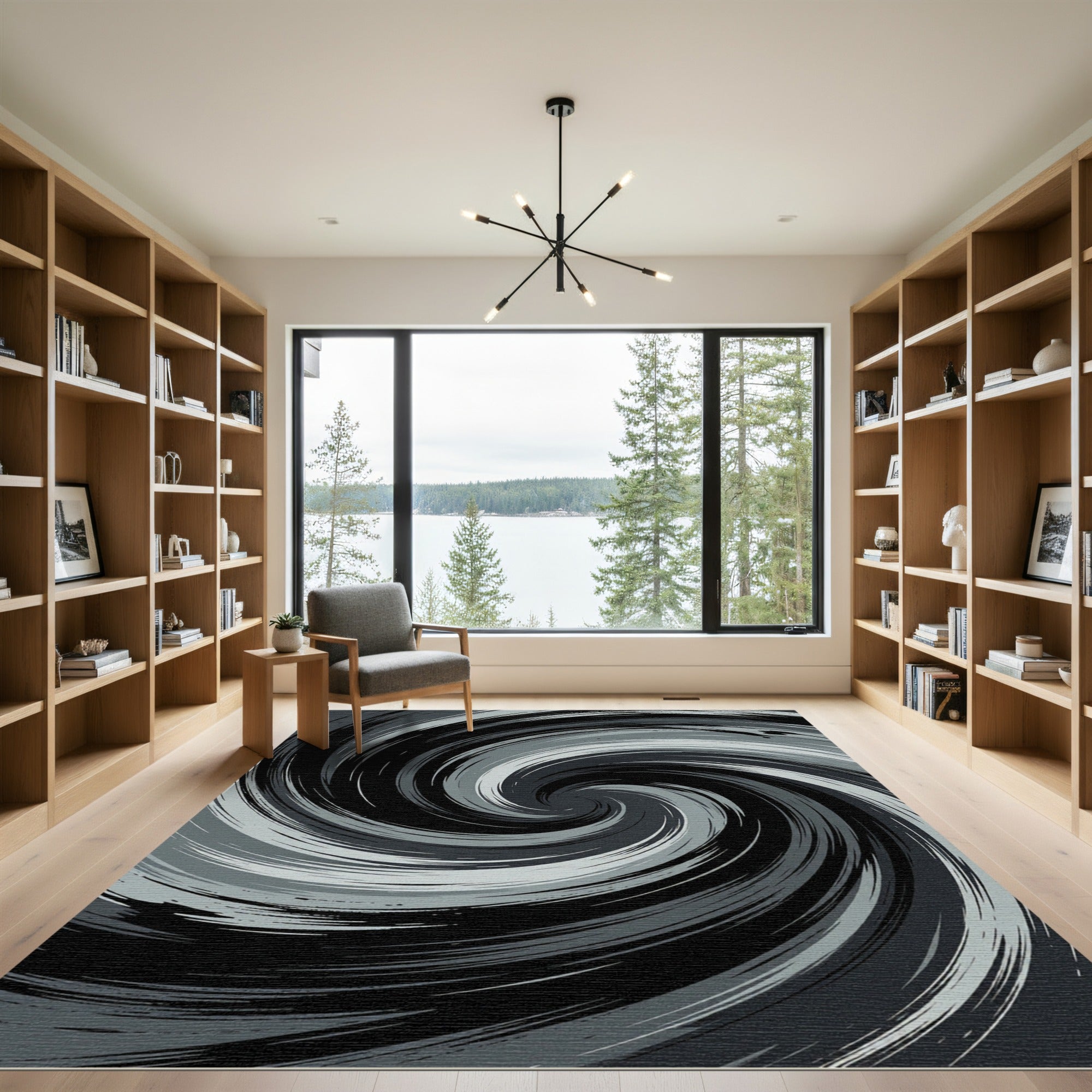 Monochrome Swirling Abstract Cyclone Vortex Rug