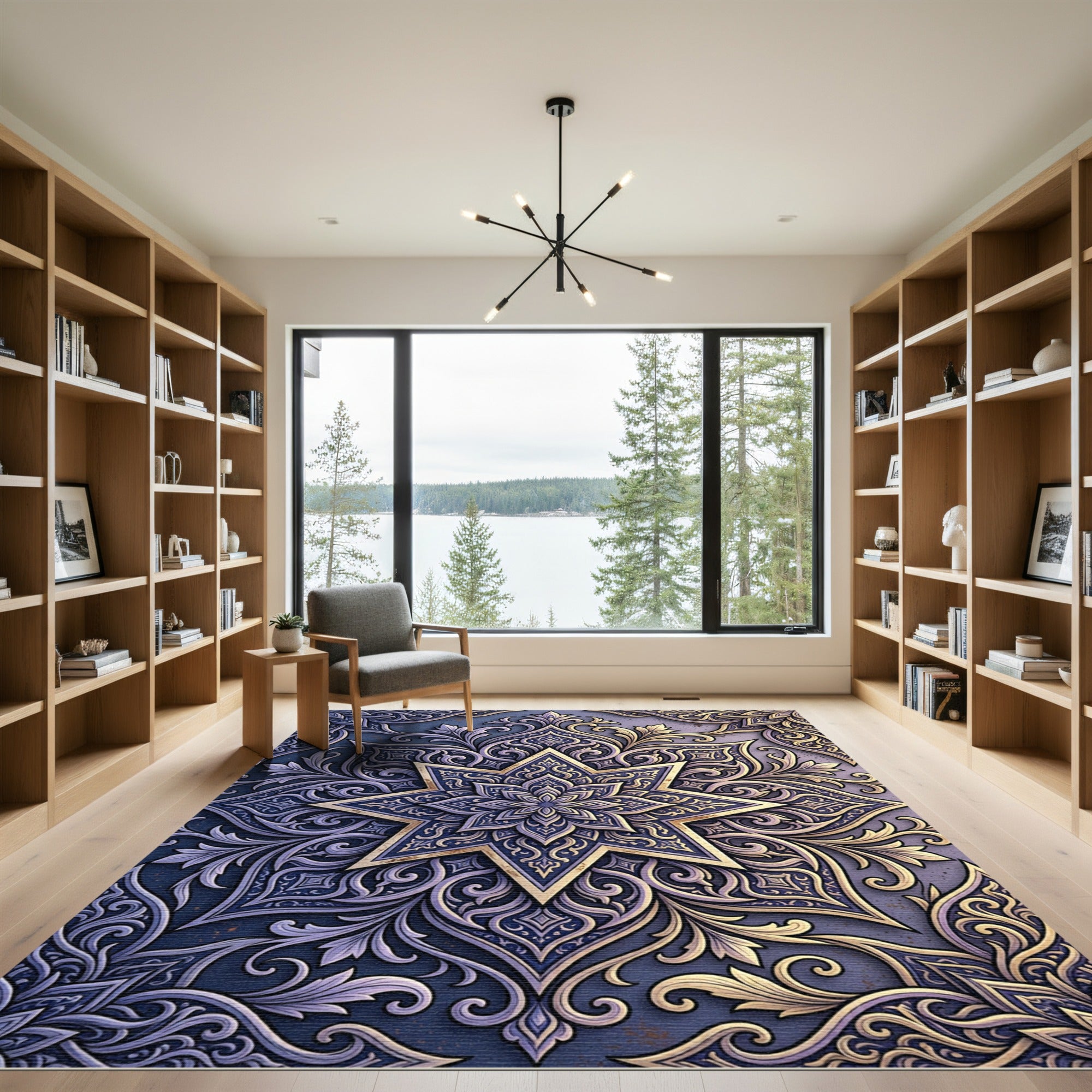 Elegant Indigo Gold Star Floral Medallion Rug