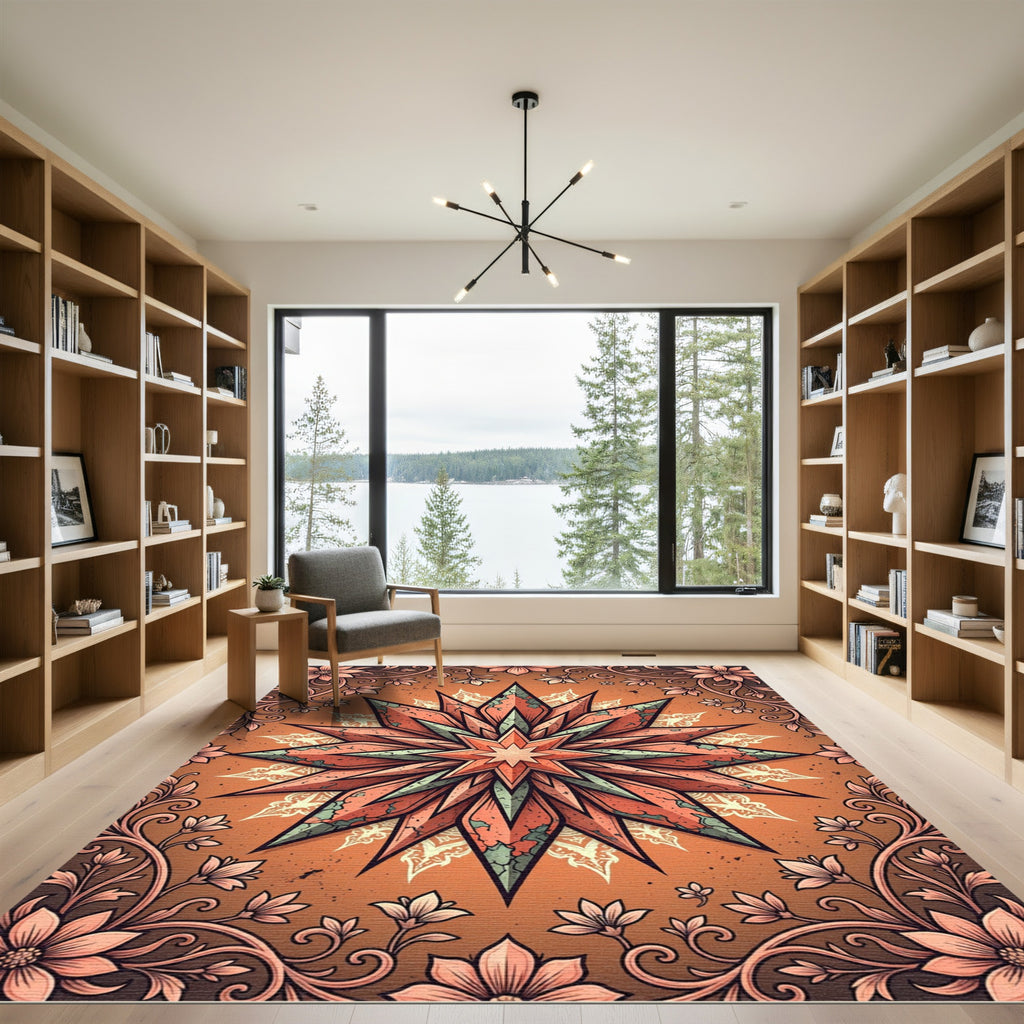 Coral Starburst Floral Ornamental Rug