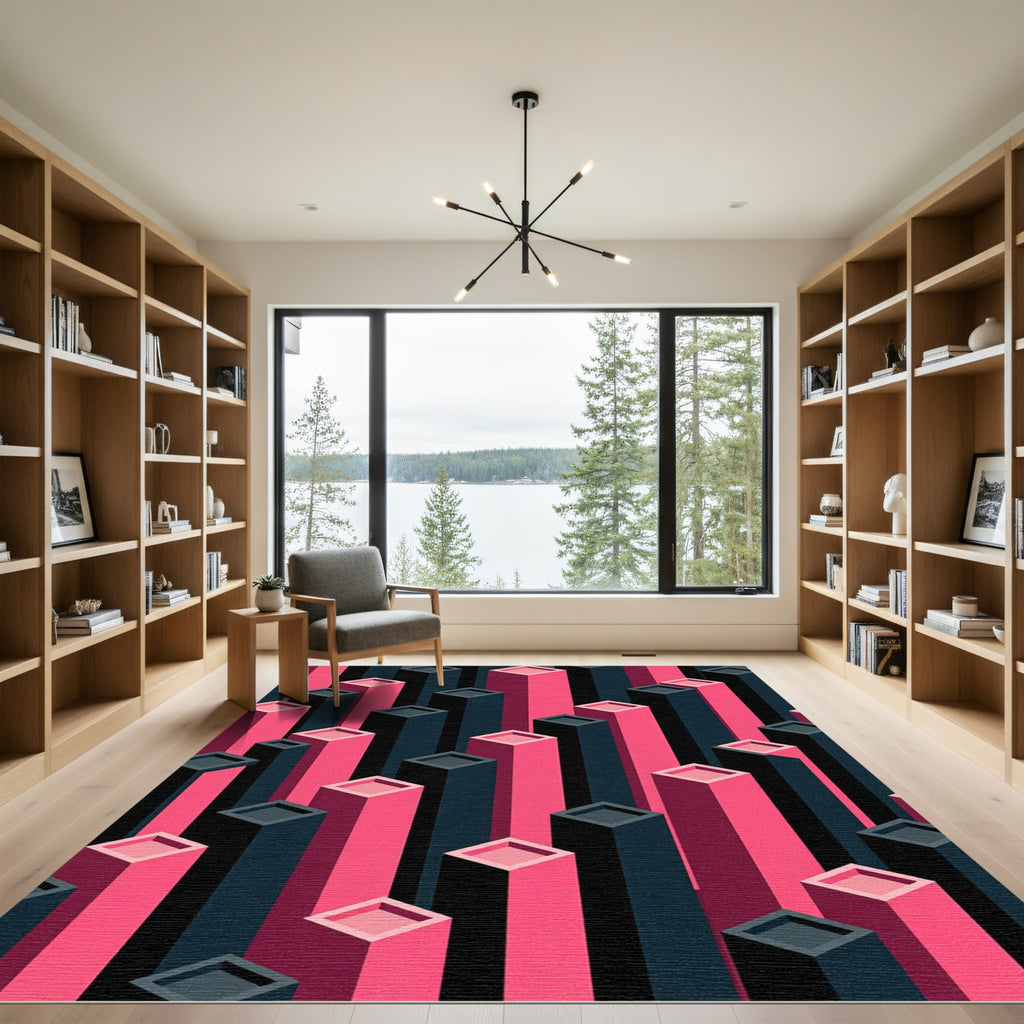 Modern Pink and Charcoal Isometric Pillars Rug