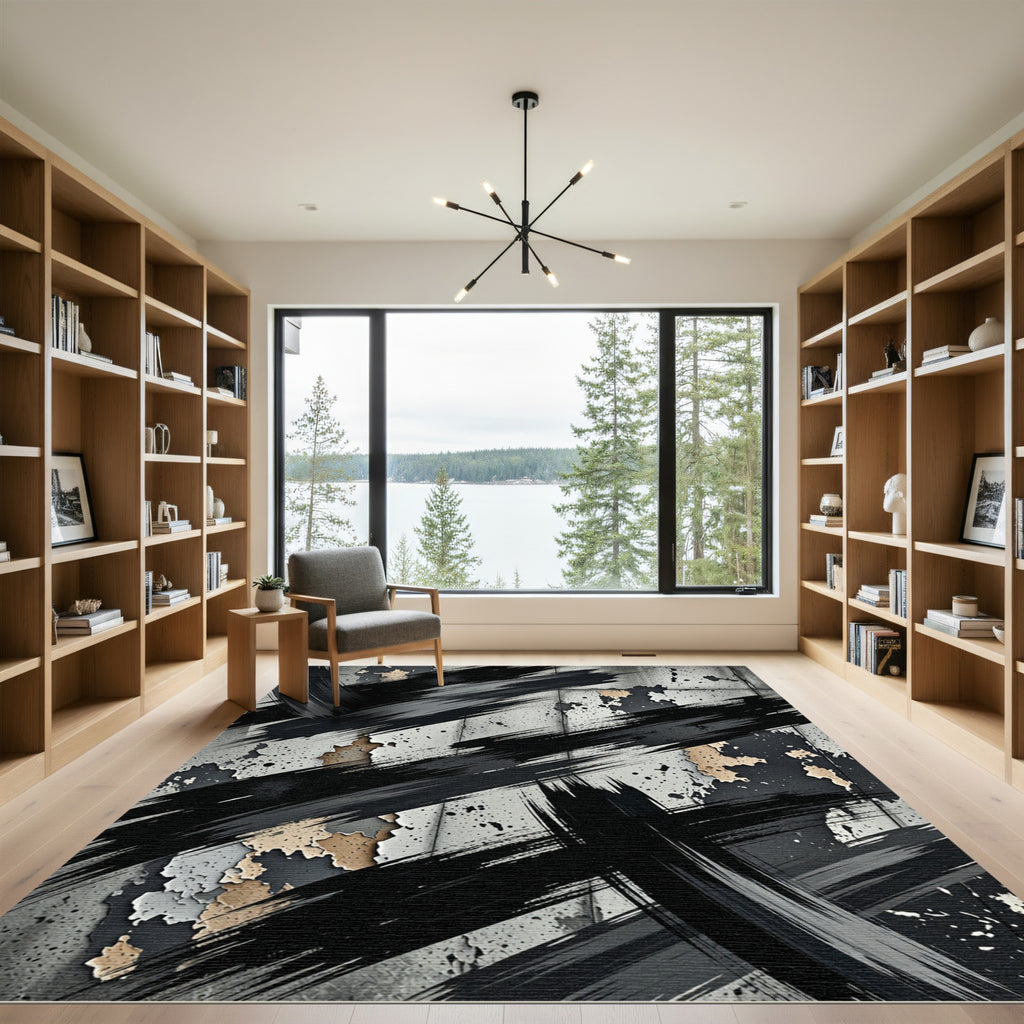 Abstract Monochromatic Black Ink Grunge Stroke Rug