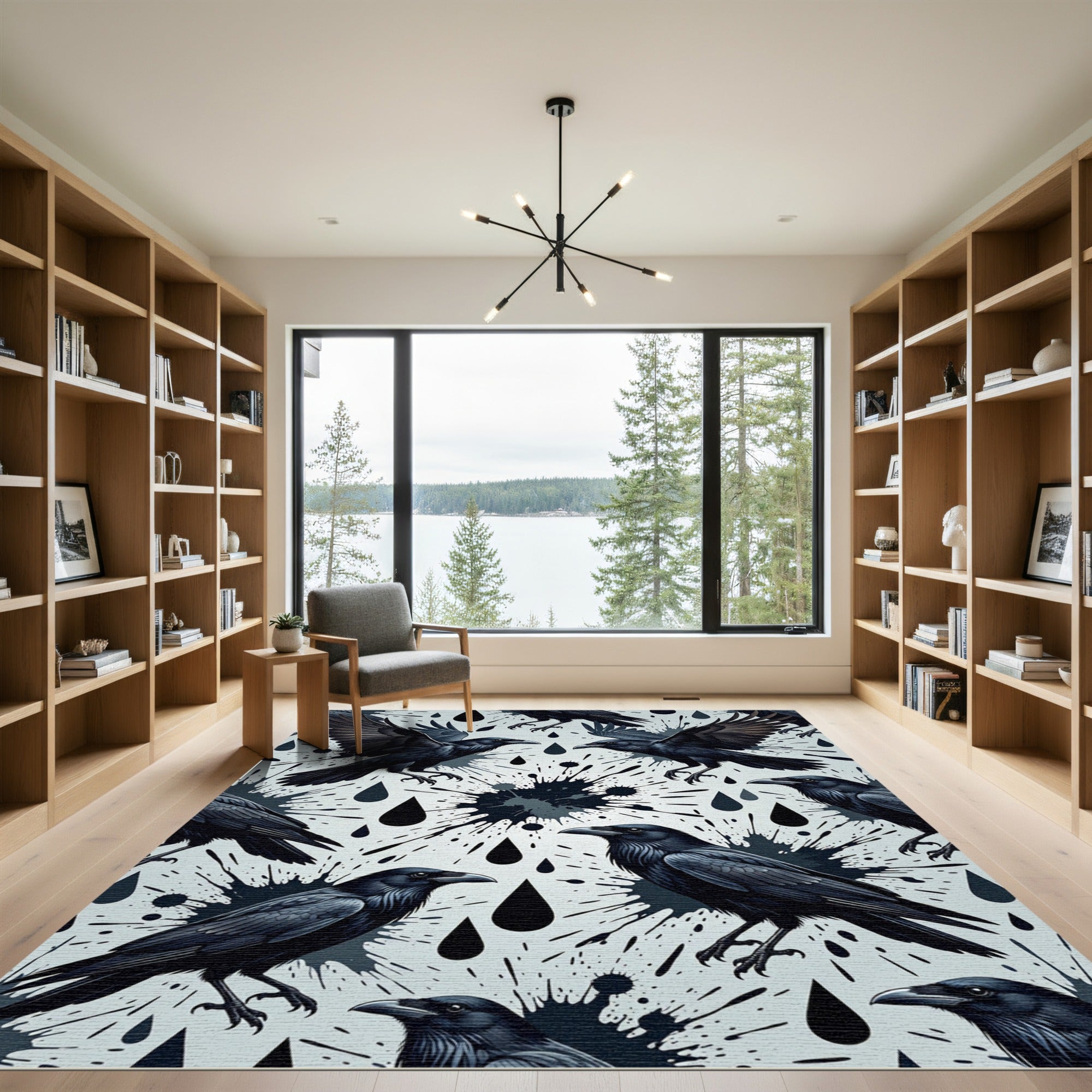 Gothic Raven Ink Splatter Black White Rug