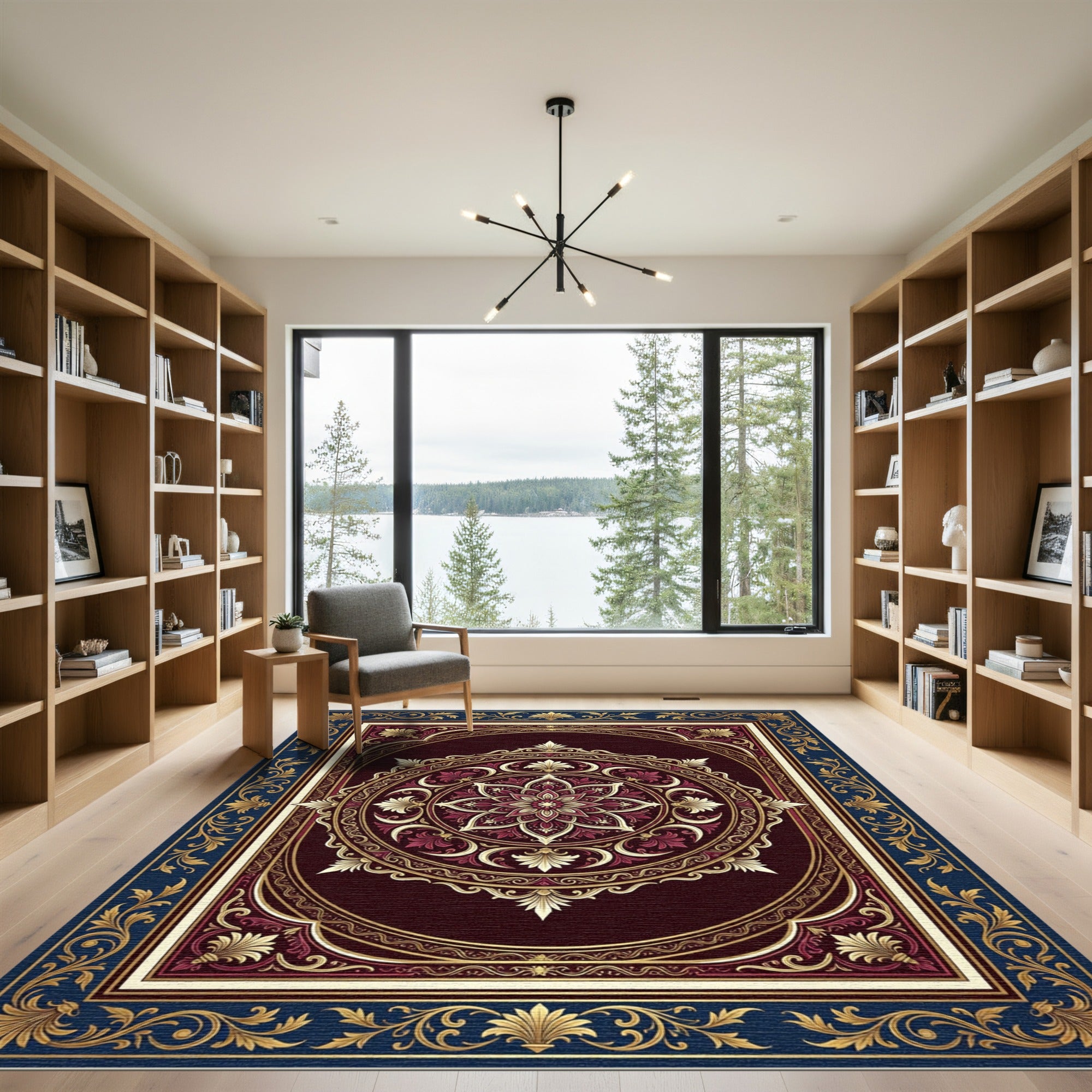 Deep Crimson Golden Floral Medallion Rug