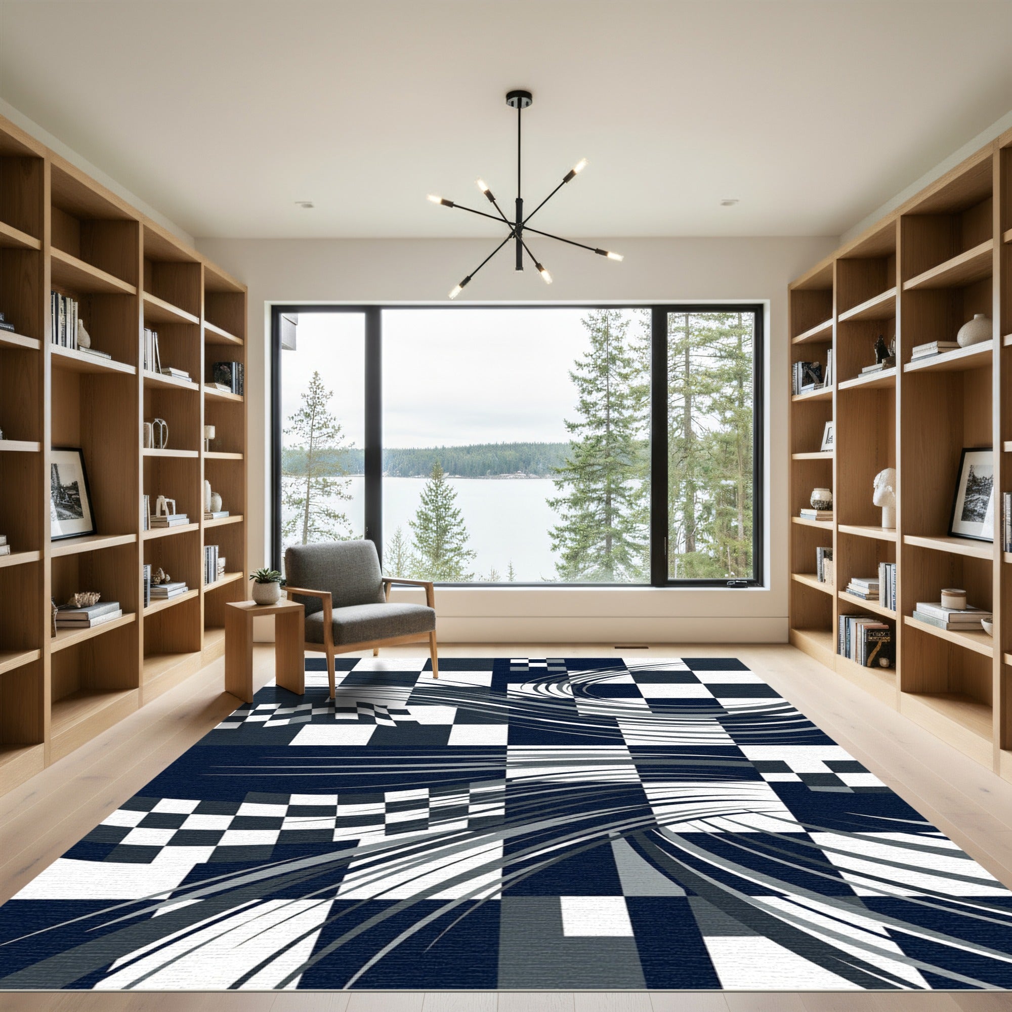 Monochrome Geometric Checkerboard Dynamic Wave Rug