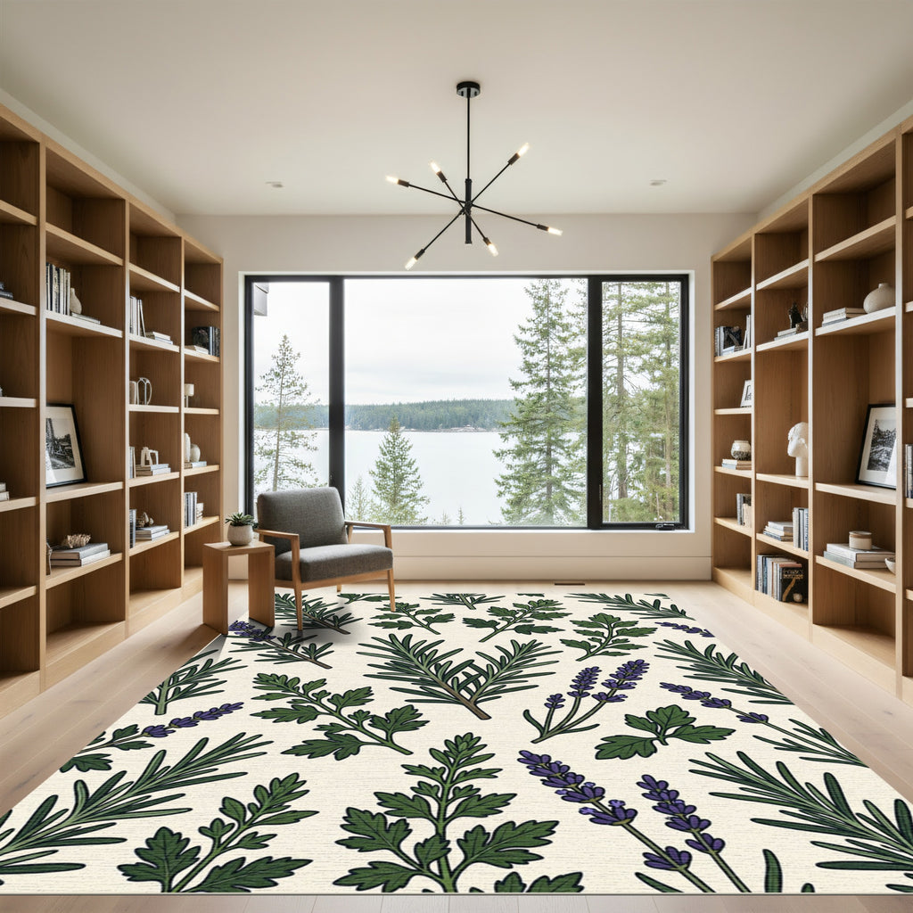 Earthy Botanical Lavender and Rosemary Garden Rug