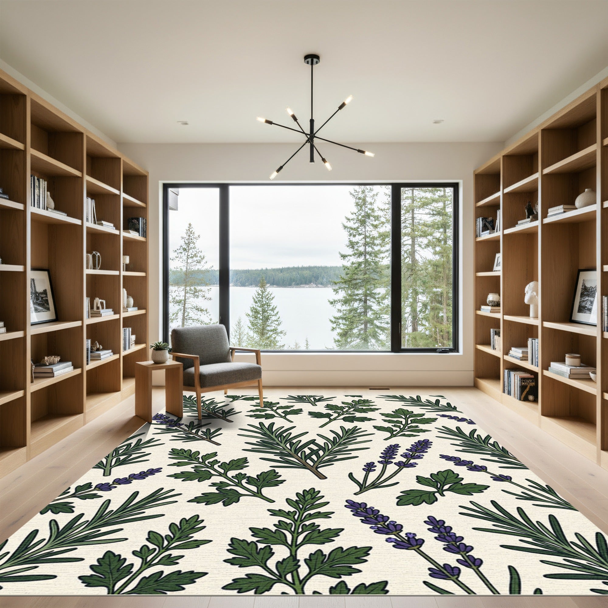 Earthy Botanical Lavender and Rosemary Garden Rug