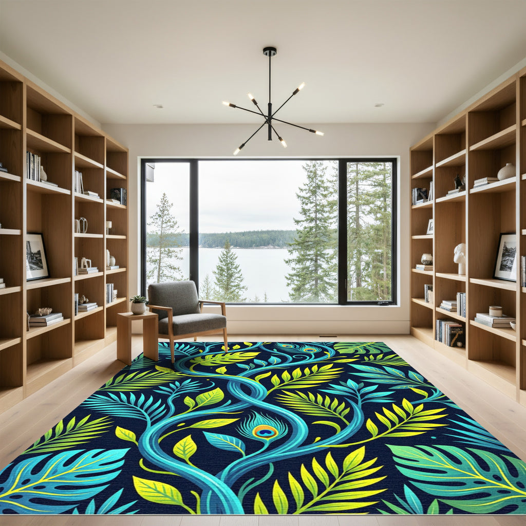 Tropical Peacock Leaf Vine Botanical Rug