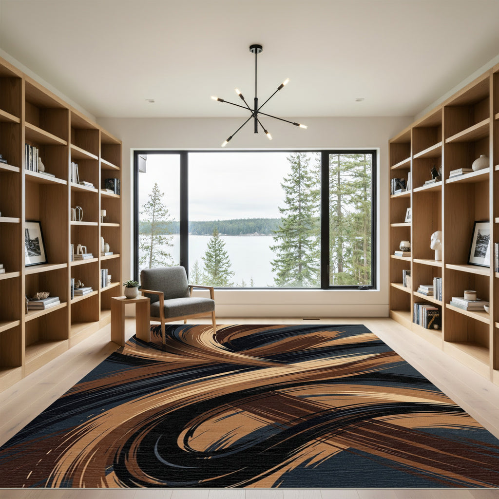 Modern Abstract Swirl Copper Black Rug