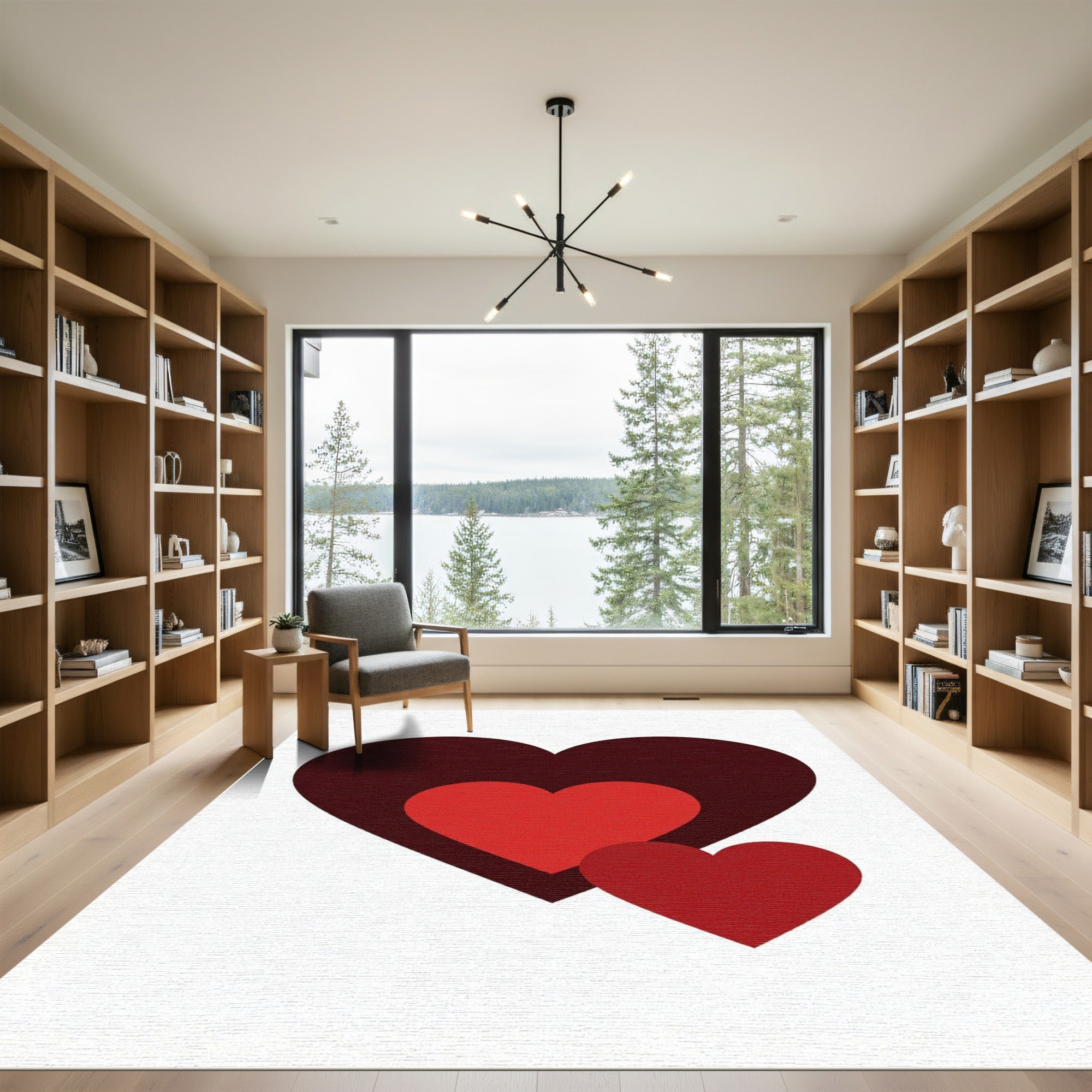 Layered Deep Burgundy and Crimson Hearts Rug