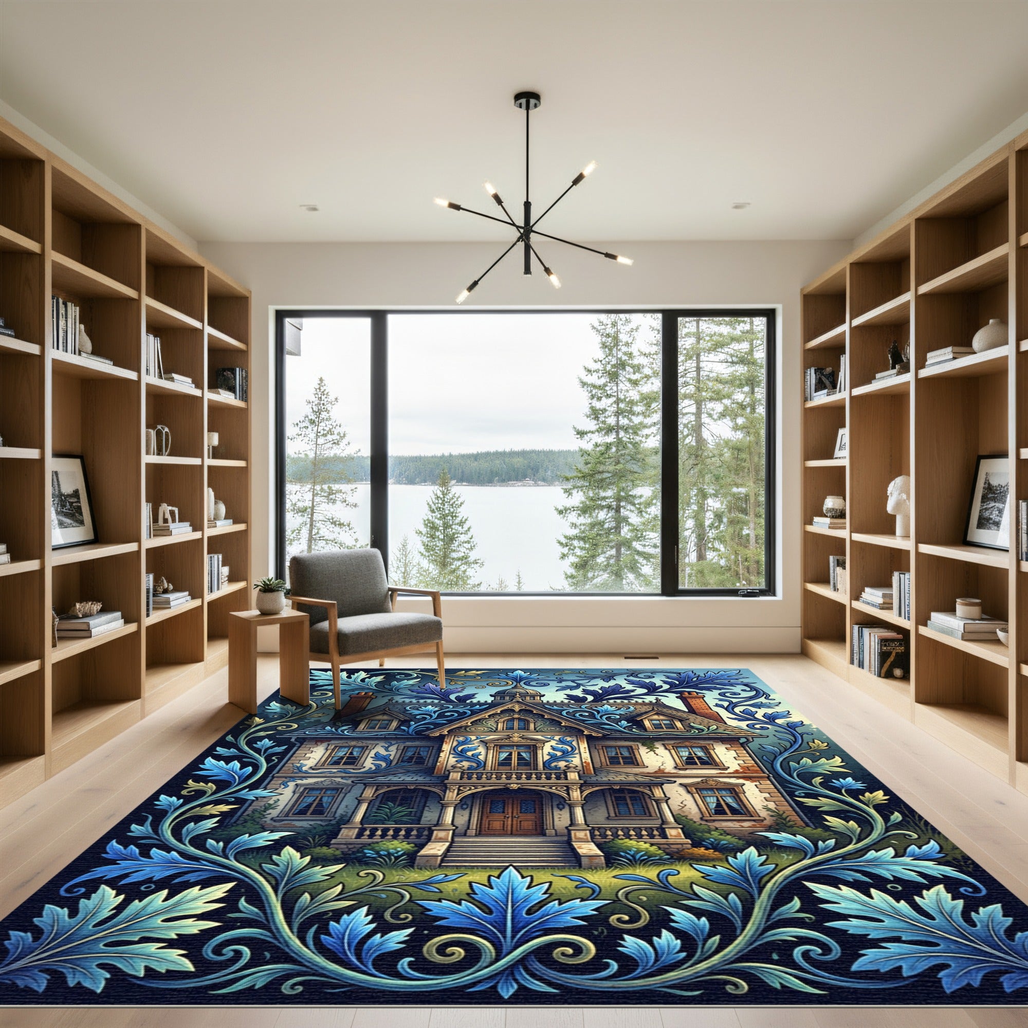 Azure Victorian Manor Botanical Scroll Rug