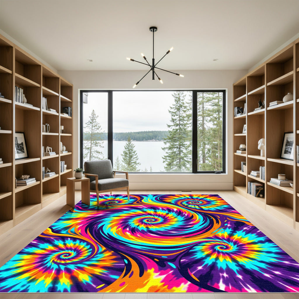 Vibrant Multicolored Neon Spiral Flow Rug