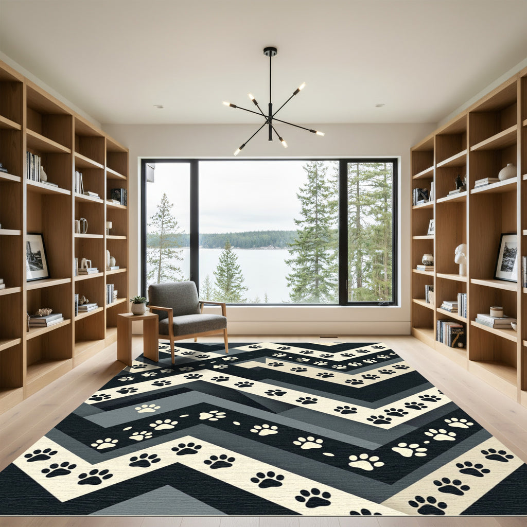 Monochrome Paw Print Chevron Geometric Rug