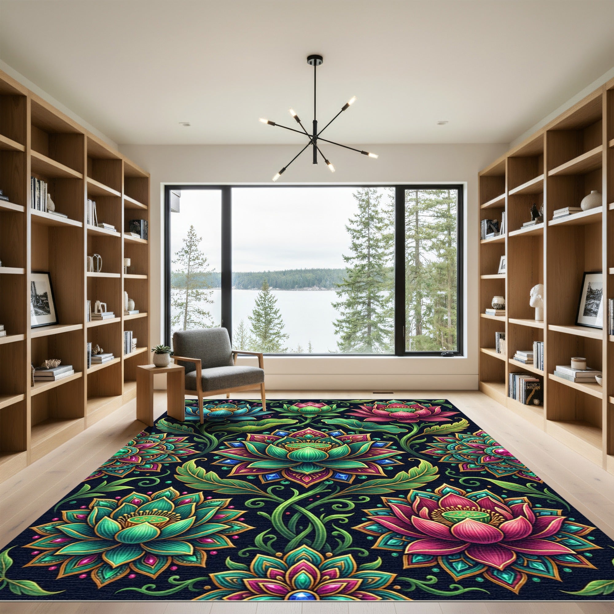 Vibrant Multicolored Lotus Blossom Jewel Medallion Rug