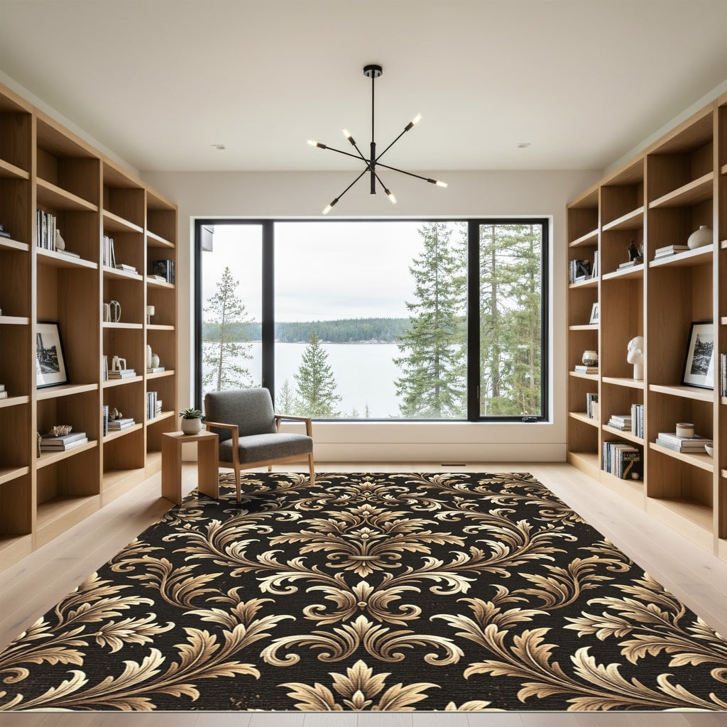 Ornate Gold Acanthus Leaf Scroll Rug