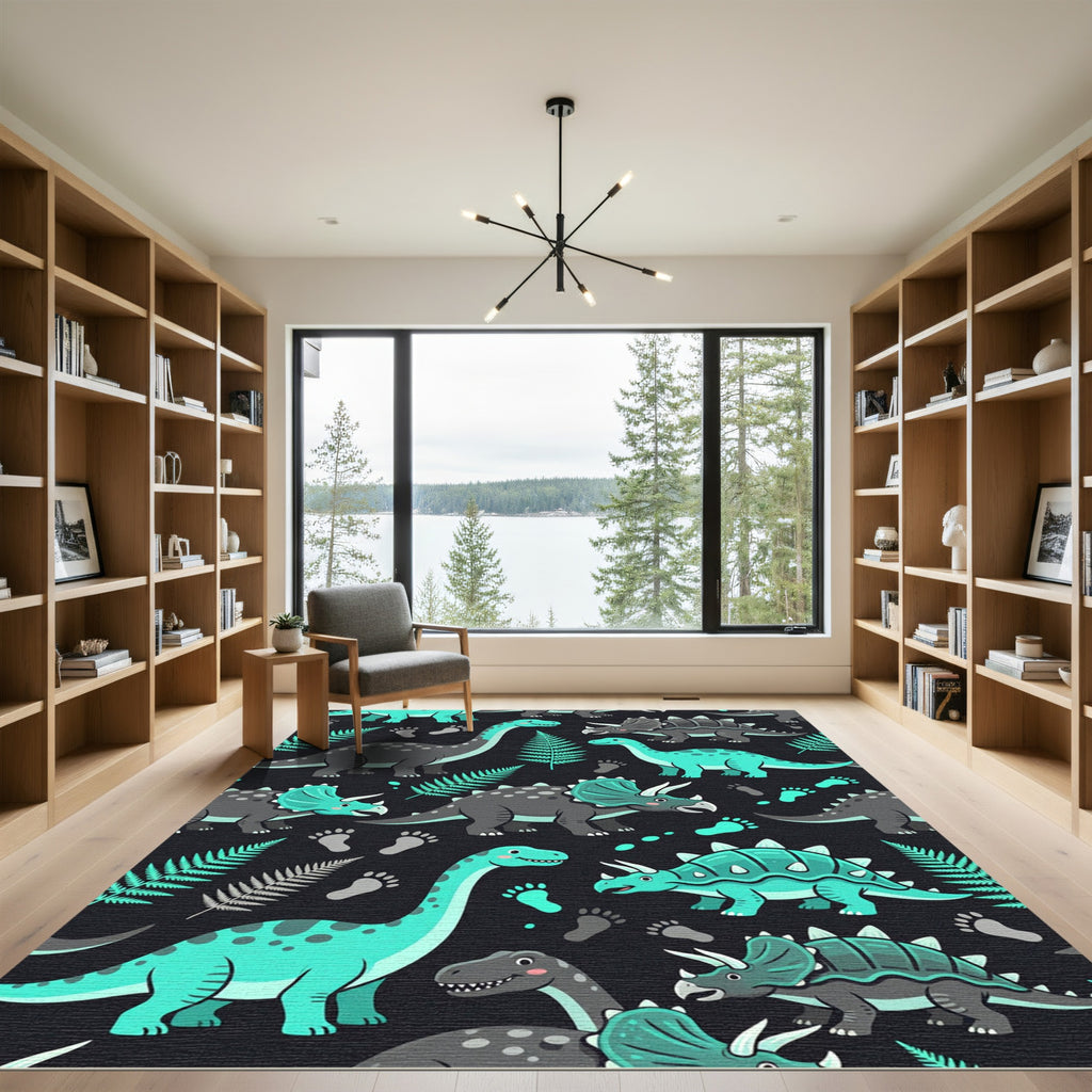 Turquoise Dinosaur Fern Botanical Illustration Rug
