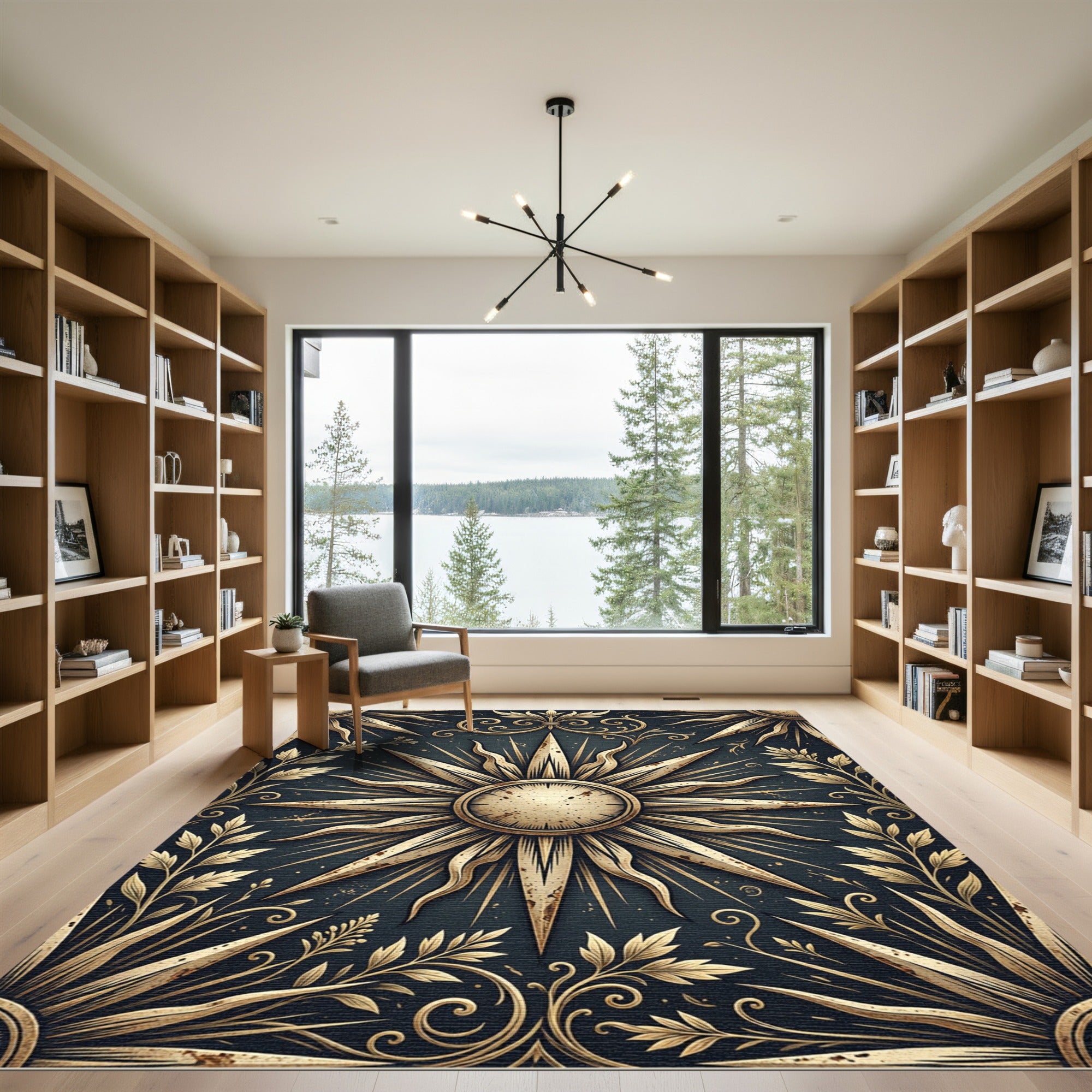 Golden Celestial Sun Medallion Flourish Rug
