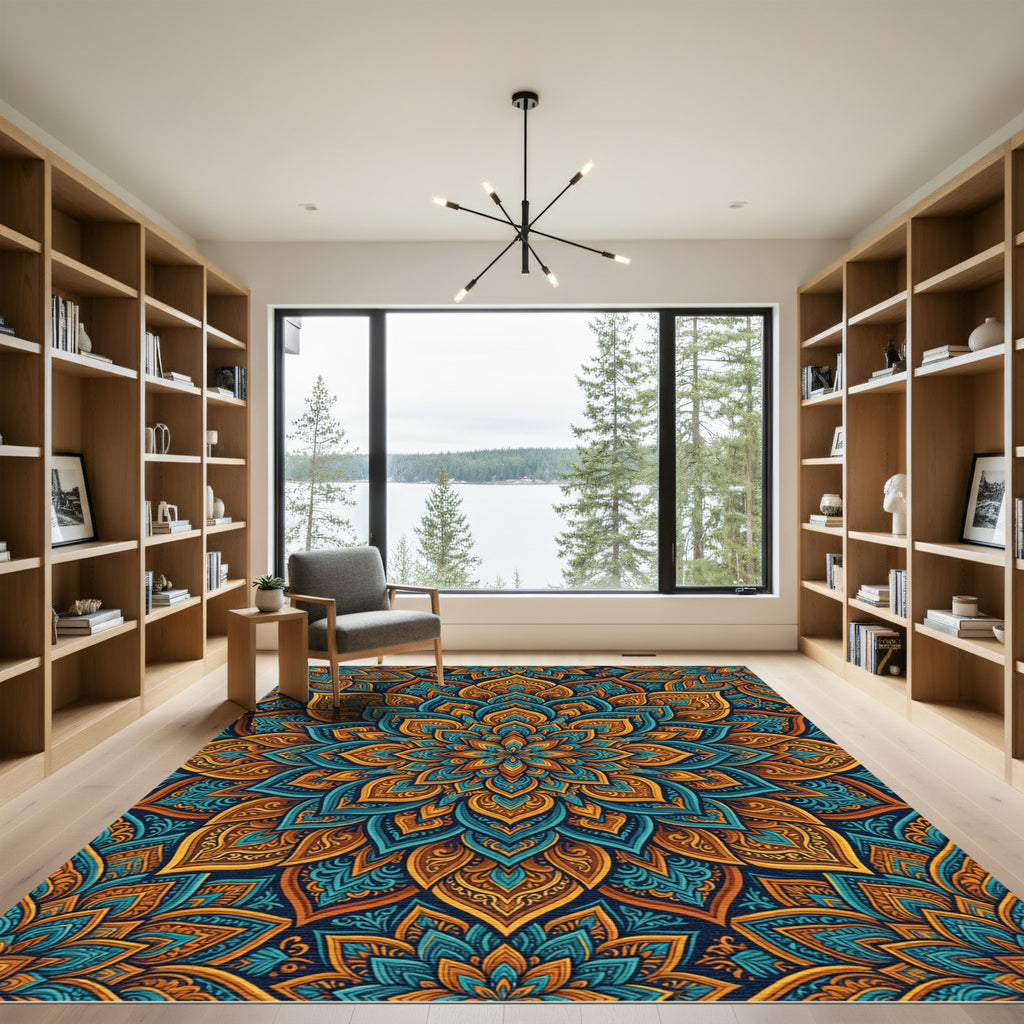 Ornate Teal and Amber Medallion Rug