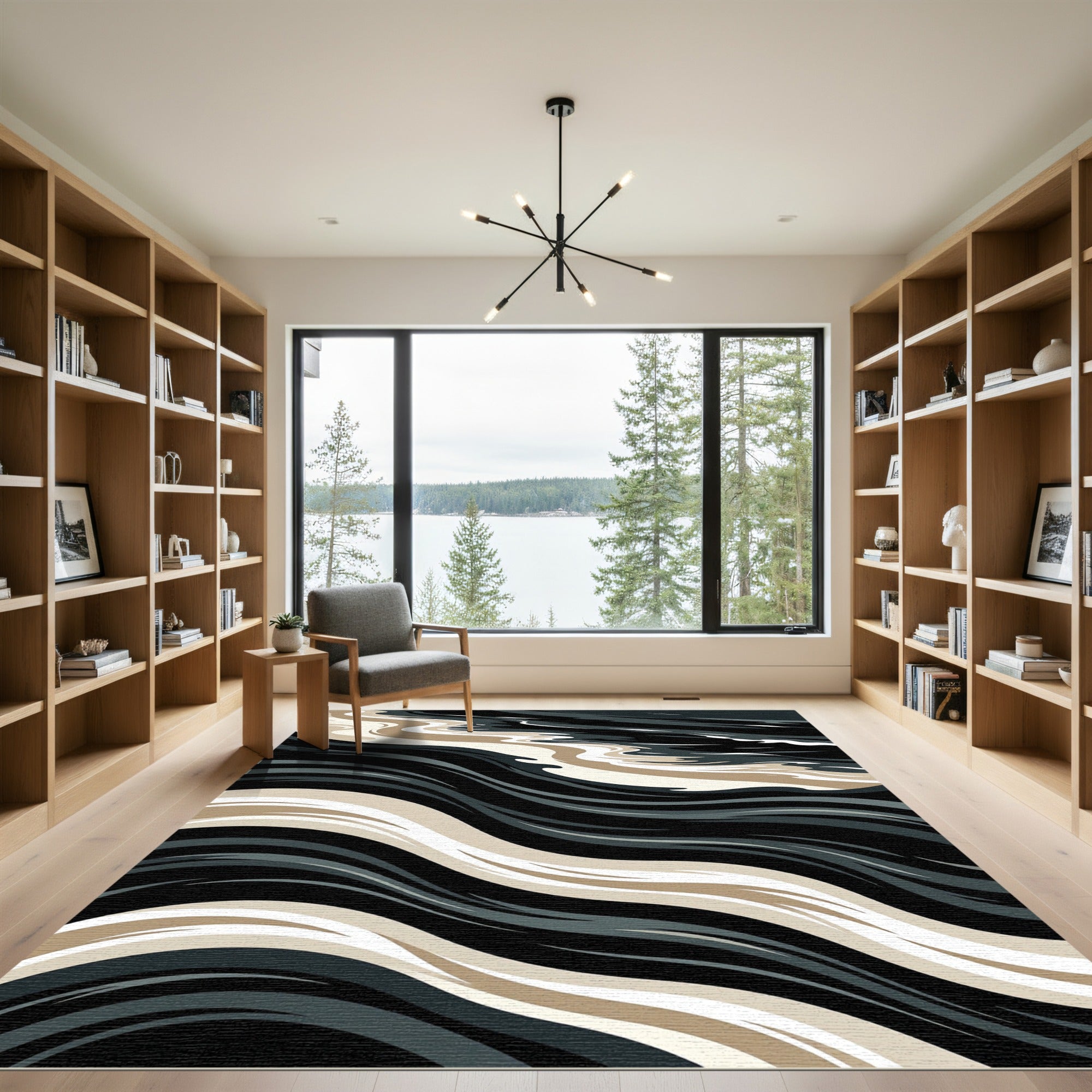 Sophisticated Black Beige Wave Rug