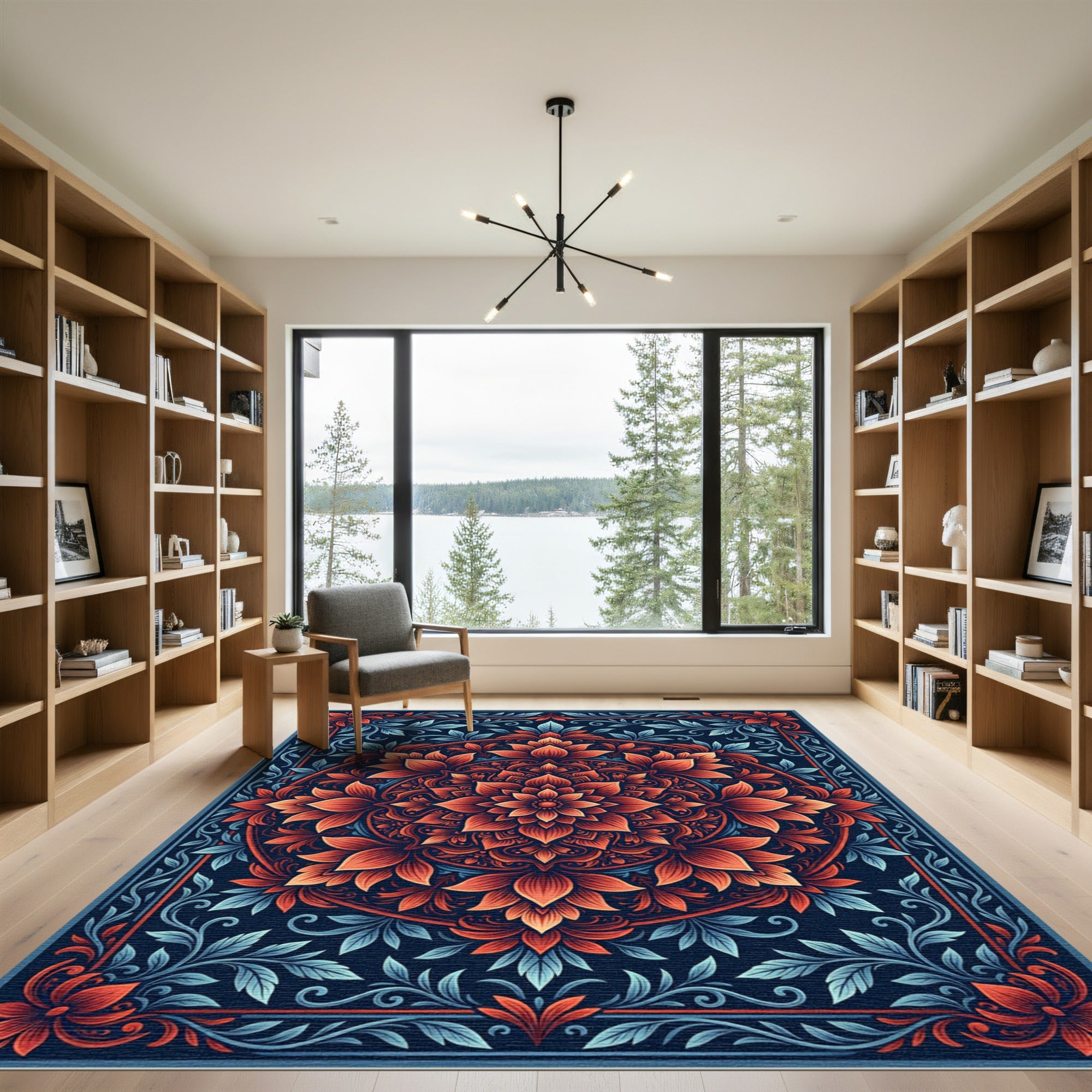 Vibrant Coral Lotus Mandala Navy Rug