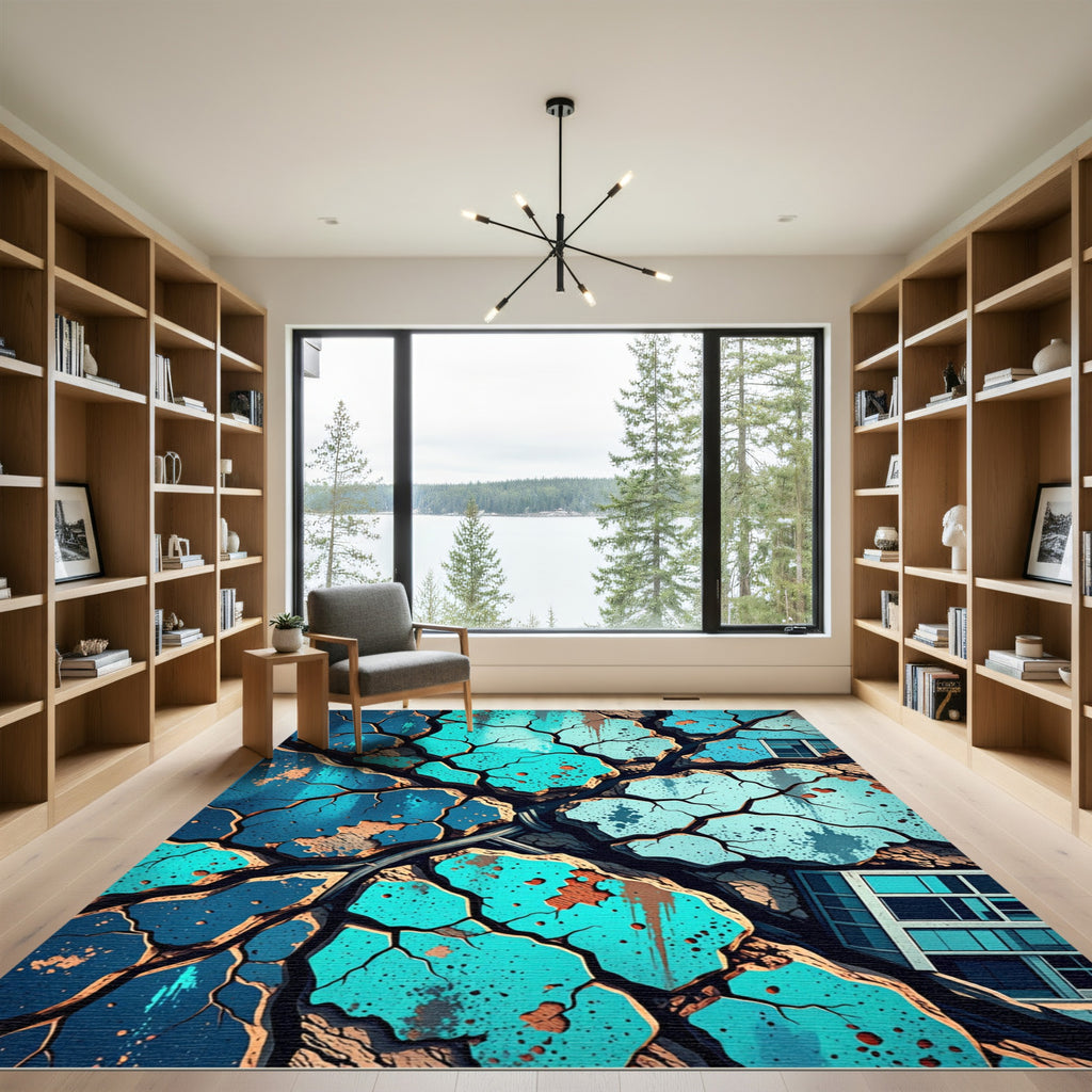 Cracked Teal Textured Organic Cracks Rug