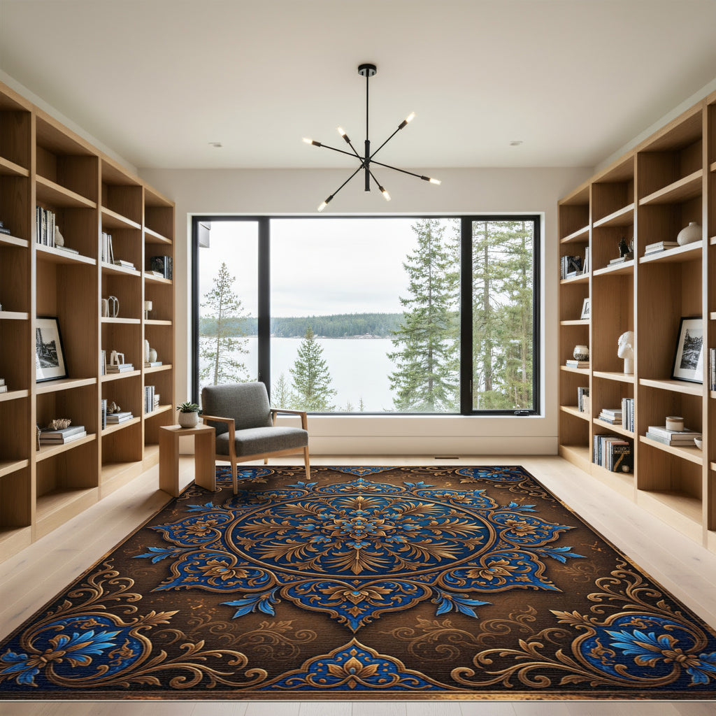 Ornate Royal Blue Gold Medallion Rug
