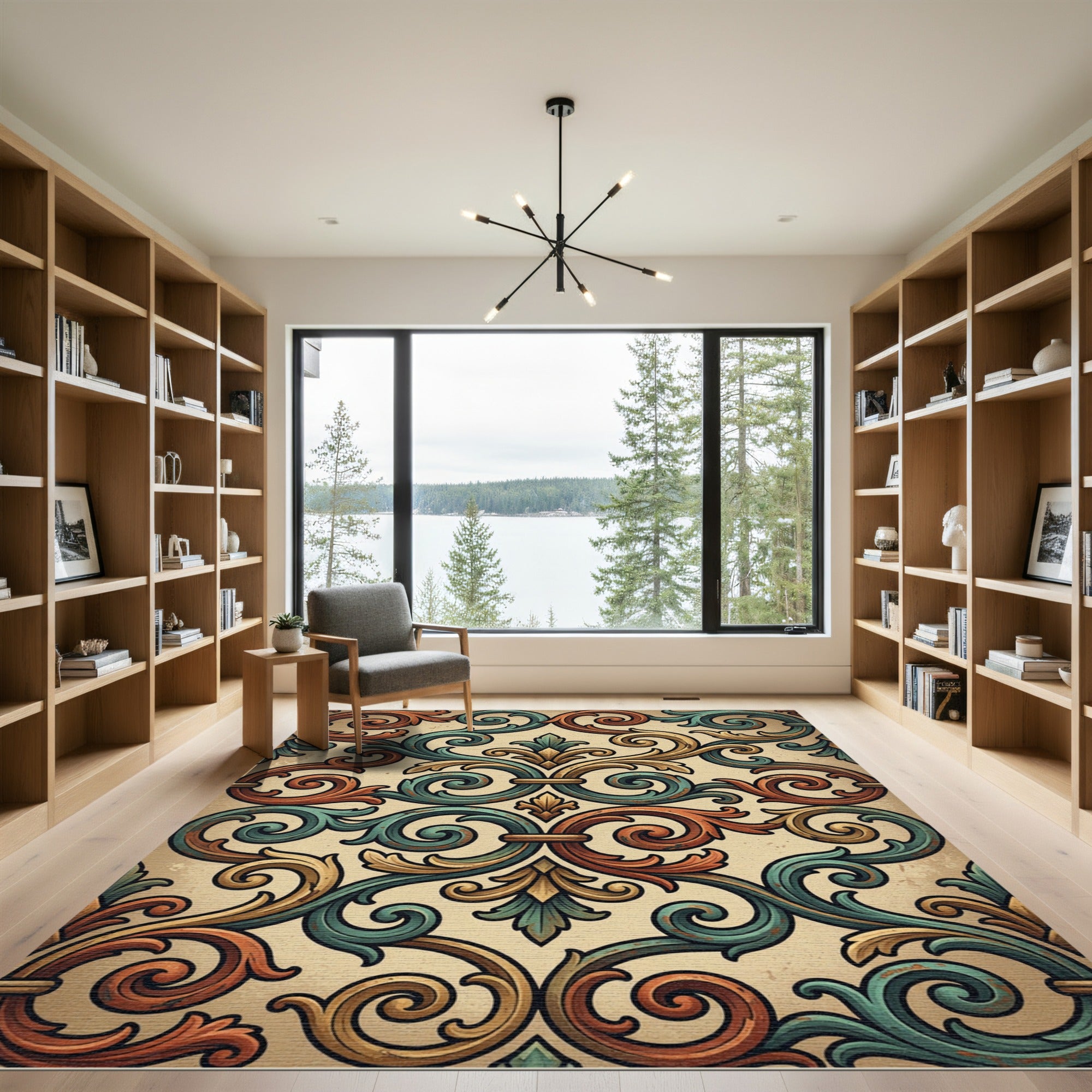 Vintage Teal And Ochre Ornate Scroll Rug