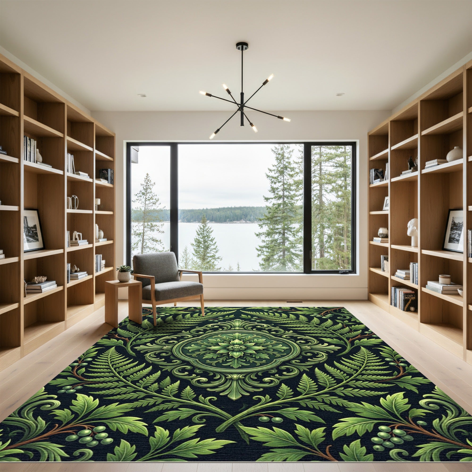 Elegant Green Fern Botanical Damask Rug