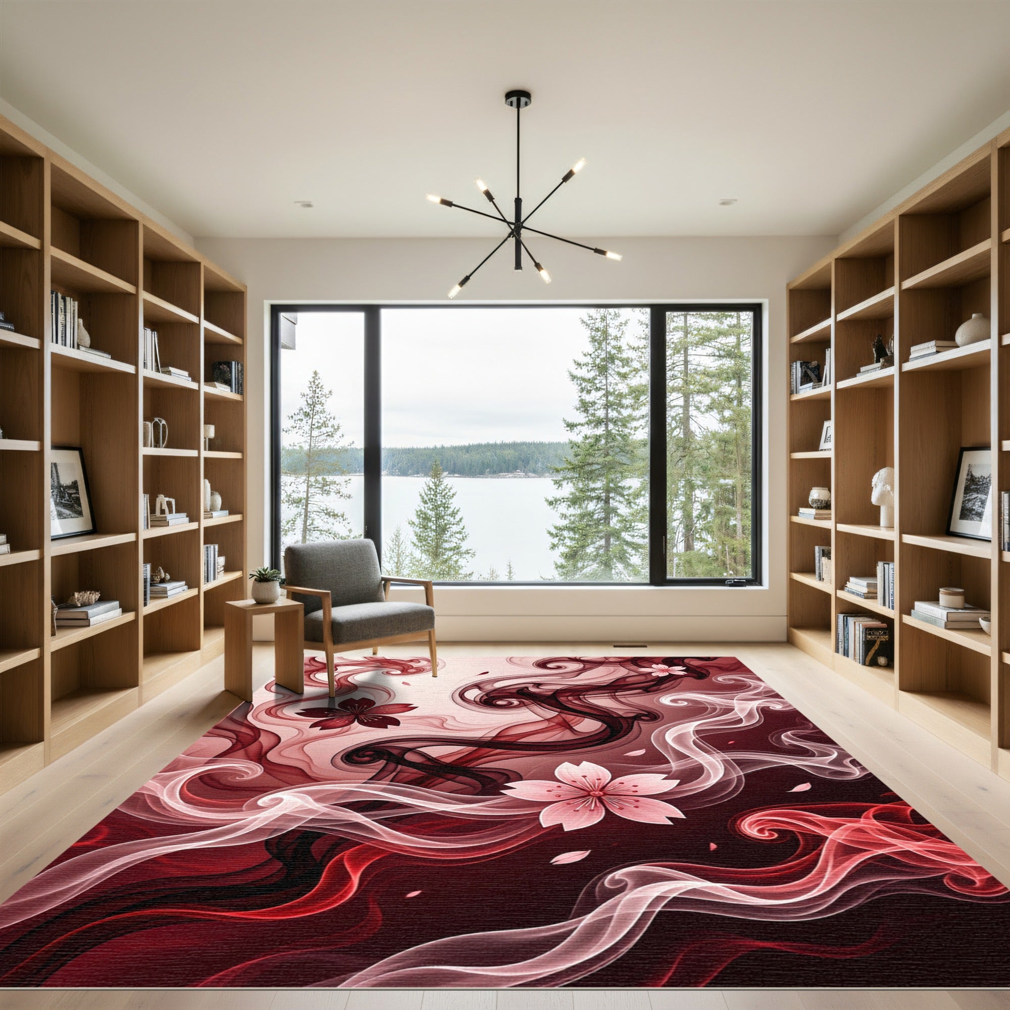 Crimson Cherry Blossoms Swirls Rug