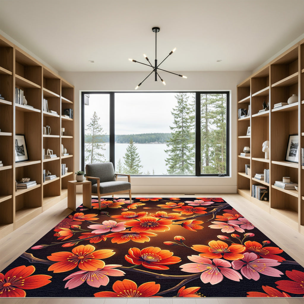 Vibrant Orange Pink Blossom Branches Rug