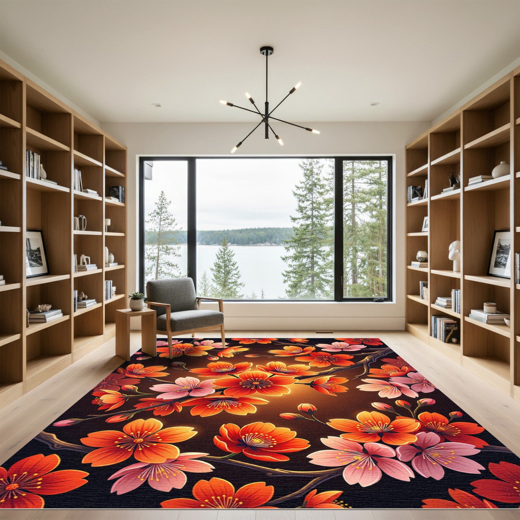 Vibrant Orange Pink Blossom Branches Rug