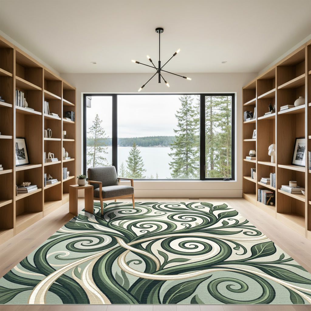 Green Swirling Vine Leaf Artwork Rug