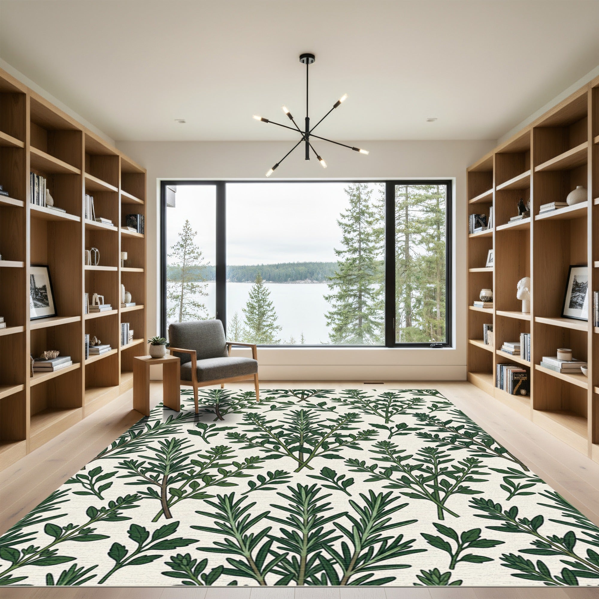 Lush Green Botanical Rosemary Herb Illustration Rug