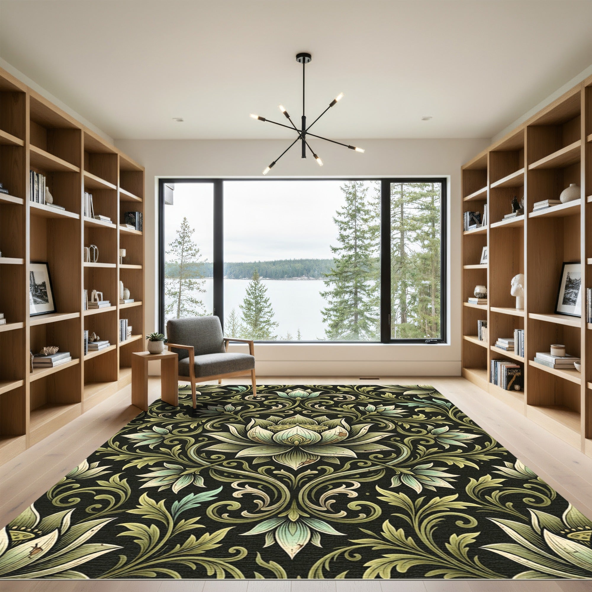 Rich Black Lotus Floral Damask Rug