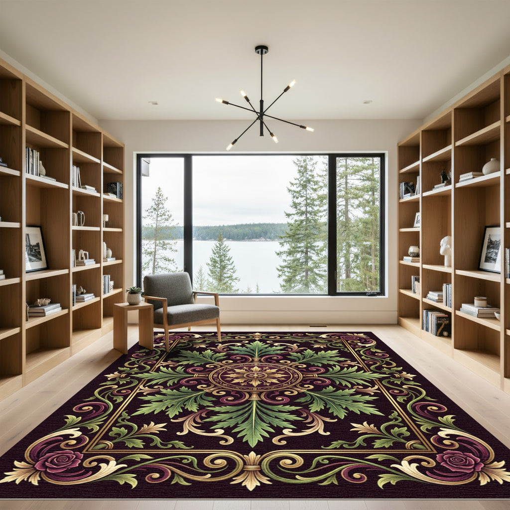 Gilded Plum Rose Scrollwork Floral Rug