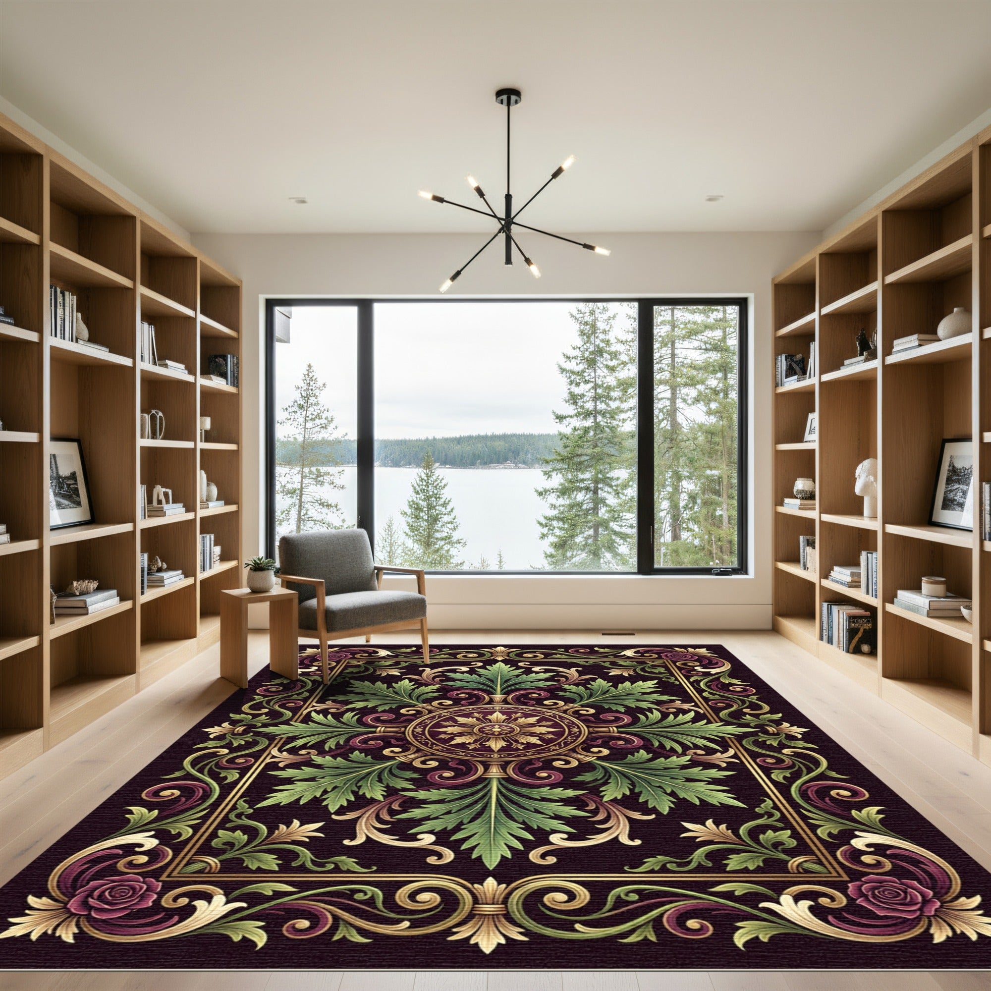 Gilded Plum Rose Scrollwork Floral Rug