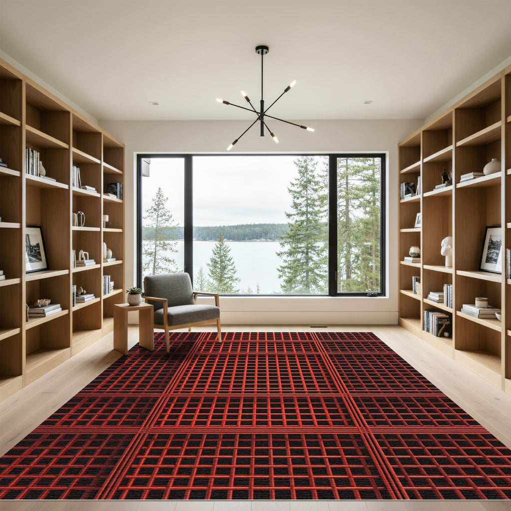 Crimson Grid Geometric Squares Rug
