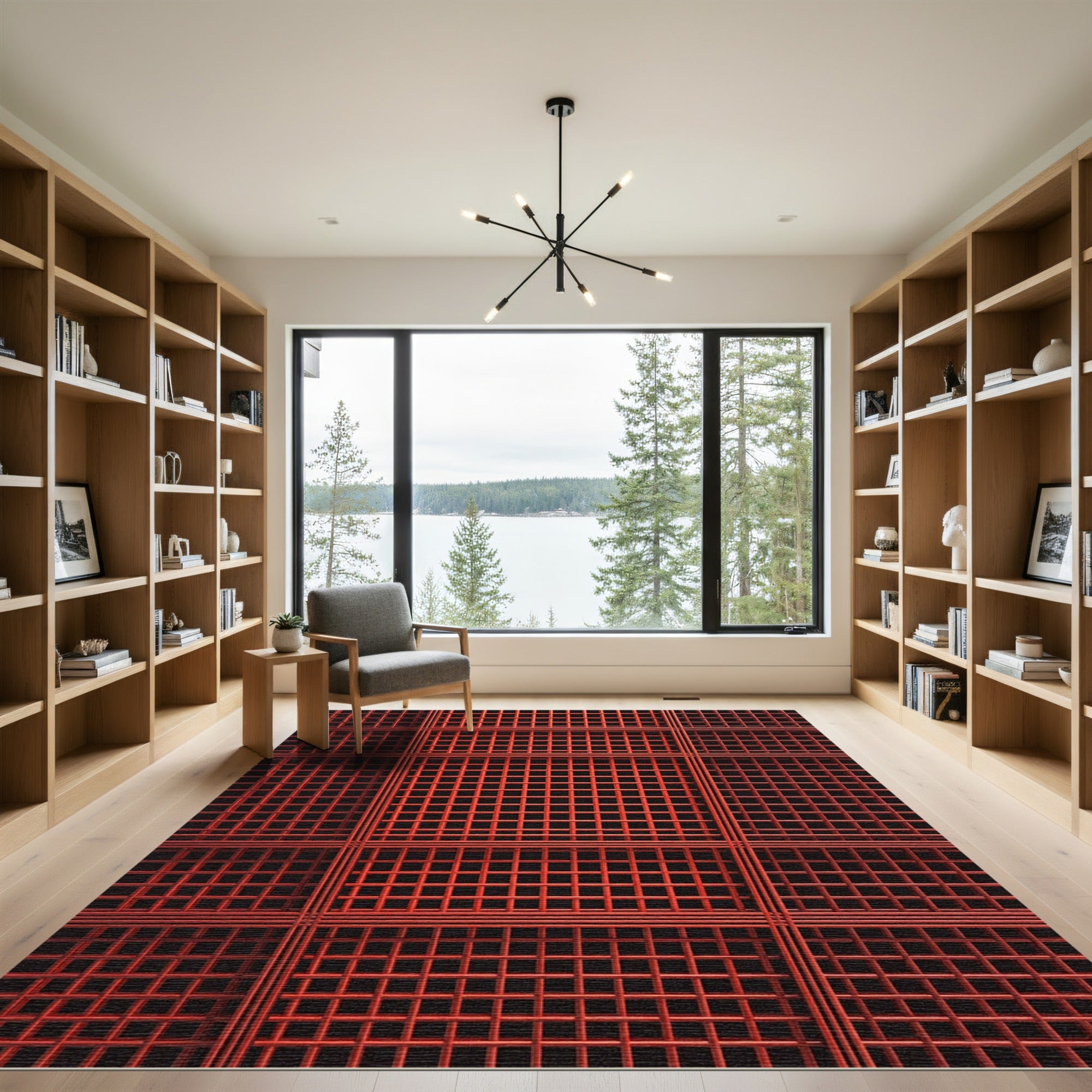 Crimson Grid Geometric Squares Rug